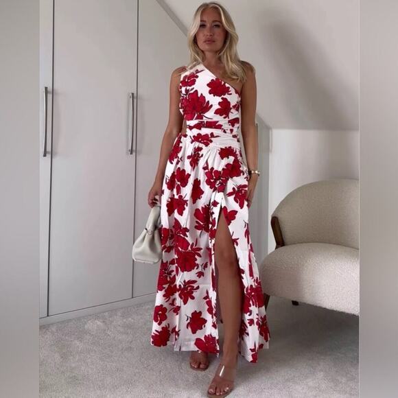Abercrombie & Fitch Red and White Floral One Shoulder Cutout Maxi Dress Size XXL - Picture 1 of 12